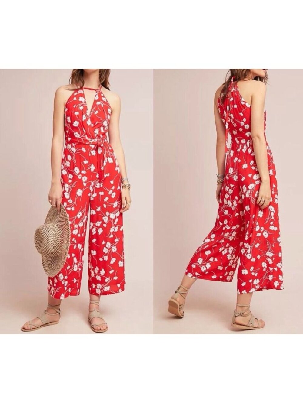 Maeve Anthropologie Red White Floral Halter Jumpsuit Size 6 Wide‎ leg Cropped
